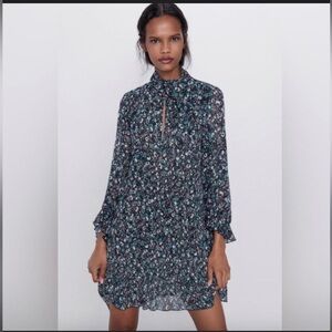 Zara Black blue green Floral Long-Sleeve Ruffle Hem Boho Mini Dress